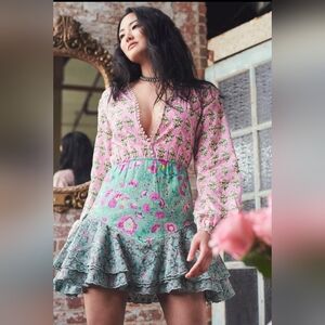 HEMANT & NANDITA Pink and Green Floral Long Sleeve Dress